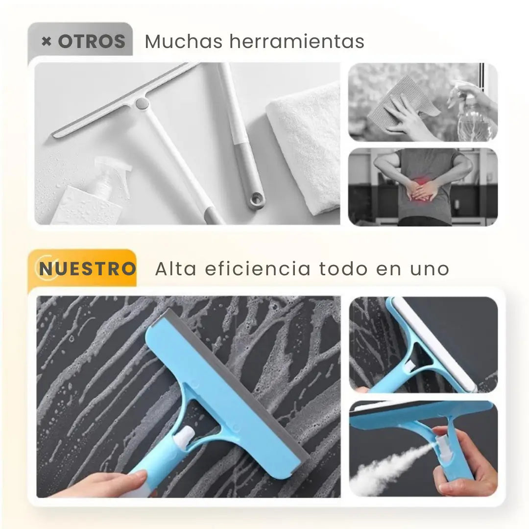 Limpiador de vidrios todo en uno, con rociador, fregador y escobilla de goma