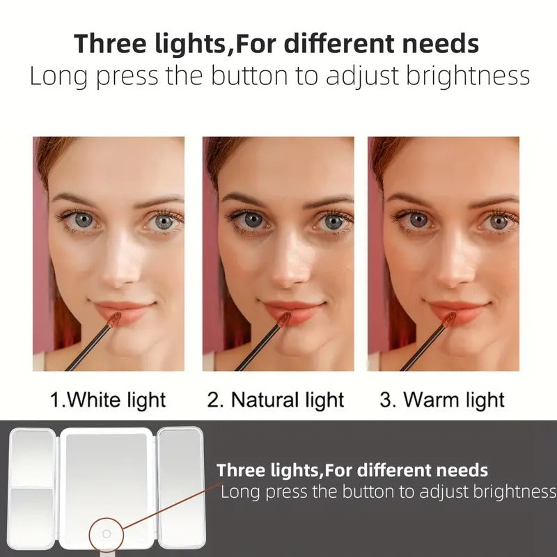 "Espejo LED HD Trifold Luxe: Ilumina tu Belleza con Elegancia"